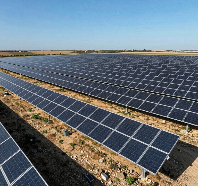 Aerial view of a clean, modern solar park array in Southern European landscape, dark slate panel rows, bright solar sunlight, electric blue sky.