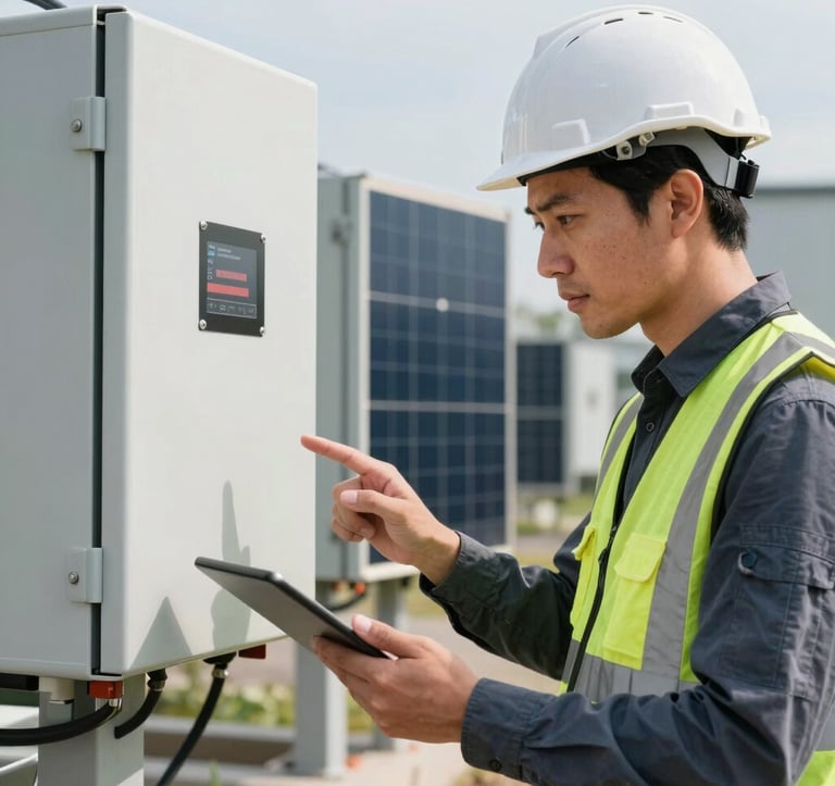 Italian engineer in hardhat analyzing industrial solar inverter system on a tablet outdoors, high-tech B2B environment, clean natural lighting.