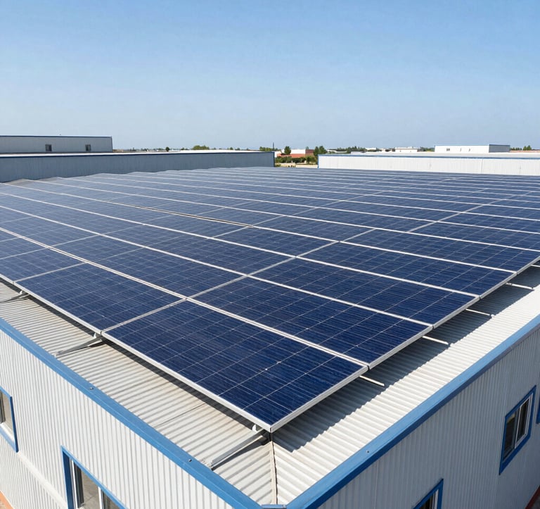 Clean photography of a large photovoltaic installation on the roof of an Italian commercial warehouse. Direct bright daylight reflections on deep blue solar panels against a clear Mediterranean sky.