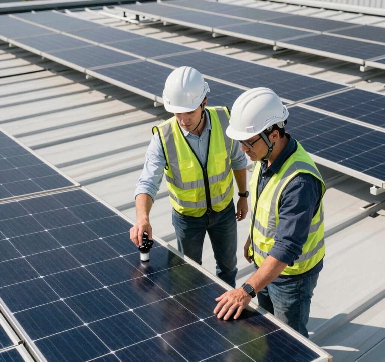 Southern European engineers wearing safety helmets inspecting solar panel arrays on a modern industrial roof, overhead camera angle, bright clear sunlight emphasizing clean renewable energy technology.
