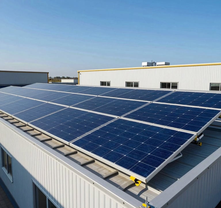 Photovoltaic solar installation on an industrial roof in Northern Italy, under clear blue sky, high-efficiency blue panel surface, solar yellow accents, slick corporate photography style.