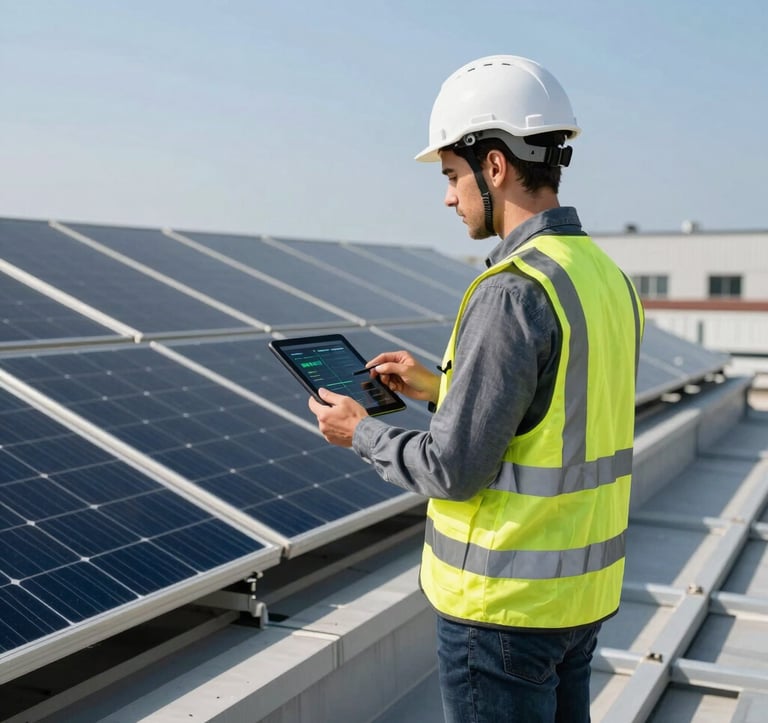 An Italian engineer wearing a safety helmet and high-visibility vest standing on a commercial roof alongside sleek photovoltaic solar panels, holding a digital tablet with energy metrics under clear daylight.