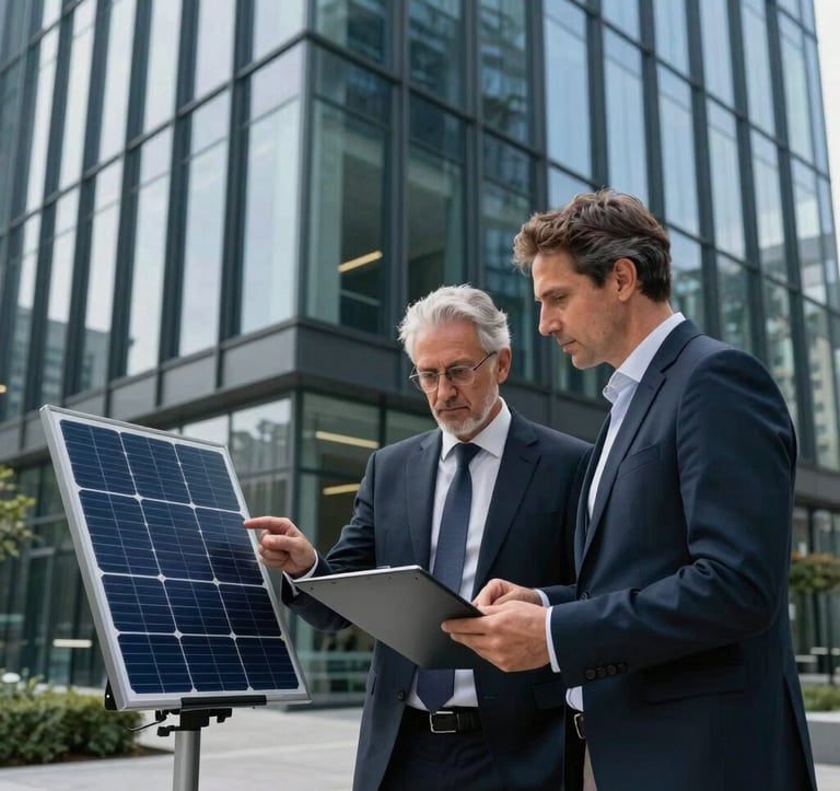 Two Italian corporate energy consultants reviewing digital solar performance charts outside a sleek dark glass office building during daytime, professional business attire, high credibility focus.