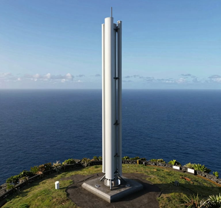 A sleek, modern digital radio transmitter mast standing on a grassy clifftop in the Azores, the vast Atlantic ocean stretching to the horizon under a clear sky, clean architectural lines, professional photography, European Atlantic / Insular.
