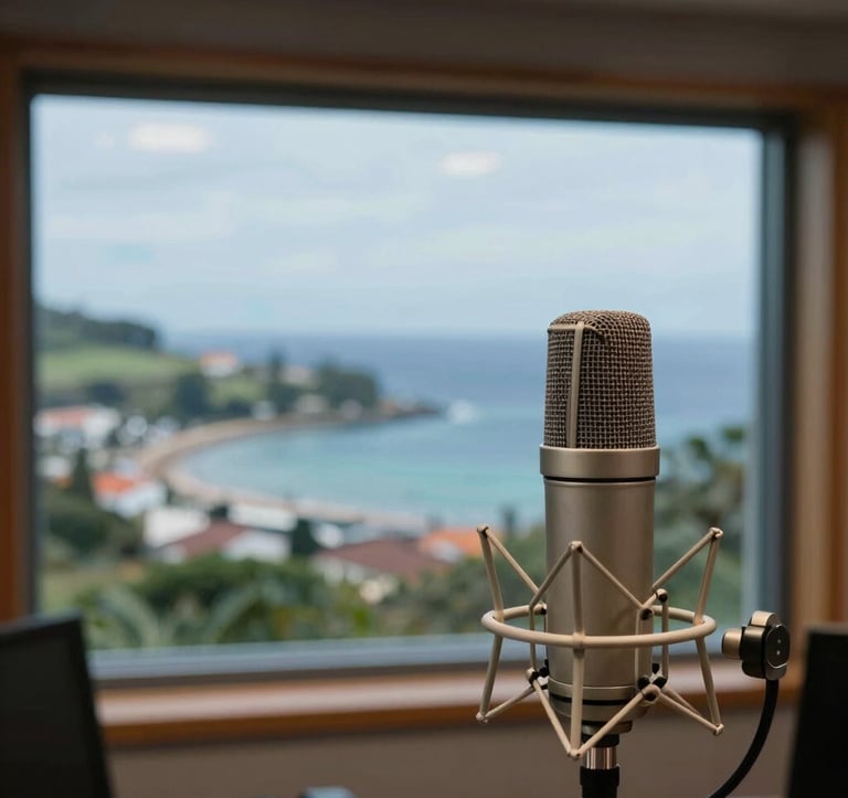 Interior of a modern radio broadcasting studio in the Azores, a professional microphone in the foreground, large windows in the background overlooking a picturesque harbor and the Atlantic ocean, daytime lighting, professional photography, European Atlantic / Insular.