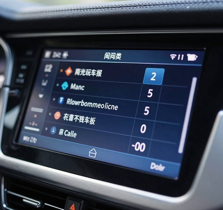 A macro photography shot of a sleek digital car radio display showing high-resolution station information and metadata. The atmosphere is clean and high-tech. European Atlantic / Insular context. Colors: dark blue, light blue, silver.
