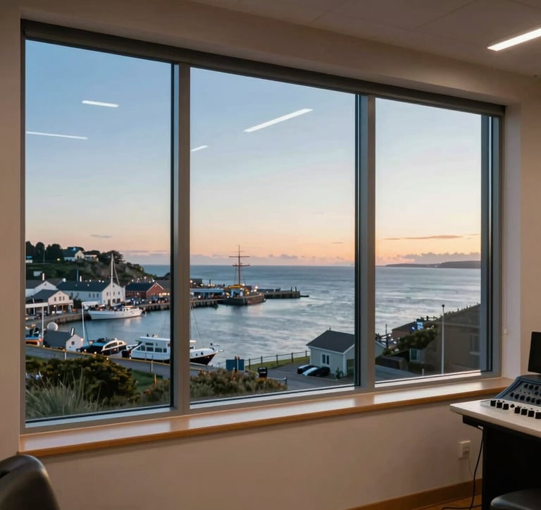 An interior photography of a state-of-the-art radio studio with large glass windows offering a stunning view of a coastal Atlantic harbor at sunset. European Atlantic / Insular vibe. Colors: medium blue, amber, off-white.