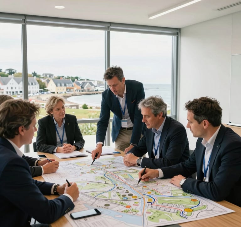 A professional meeting in a bright room with views of a European Atlantic coastal town, where experts are looking at maps and planning infrastructure, atmosphere of innovation and collaboration.