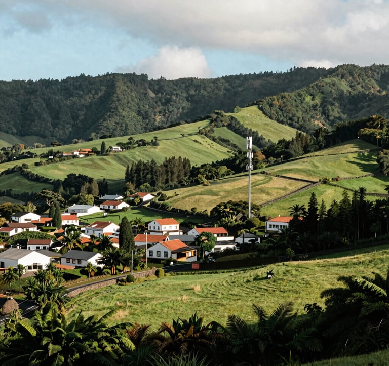 A lush green landscape of the Azores islands with a peaceful village and a communication antenna integrated into the environment, European Atlantic / Insular architecture and bright afternoon sun.