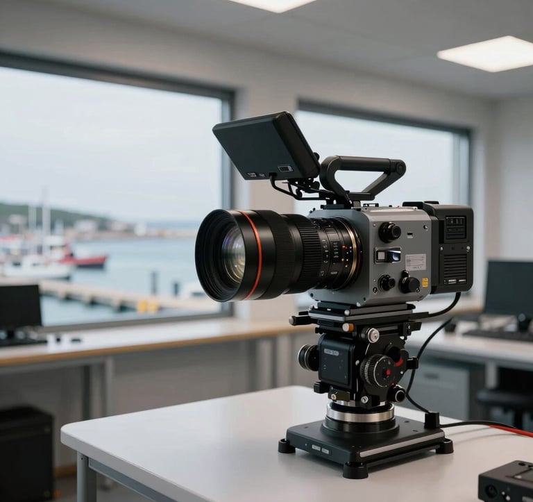 Detailed photography of professional broadcasting equipment with clean, modern design inside a tech facility in the European Atlantic / Insular region, looking through a window toward a coastal harbor.