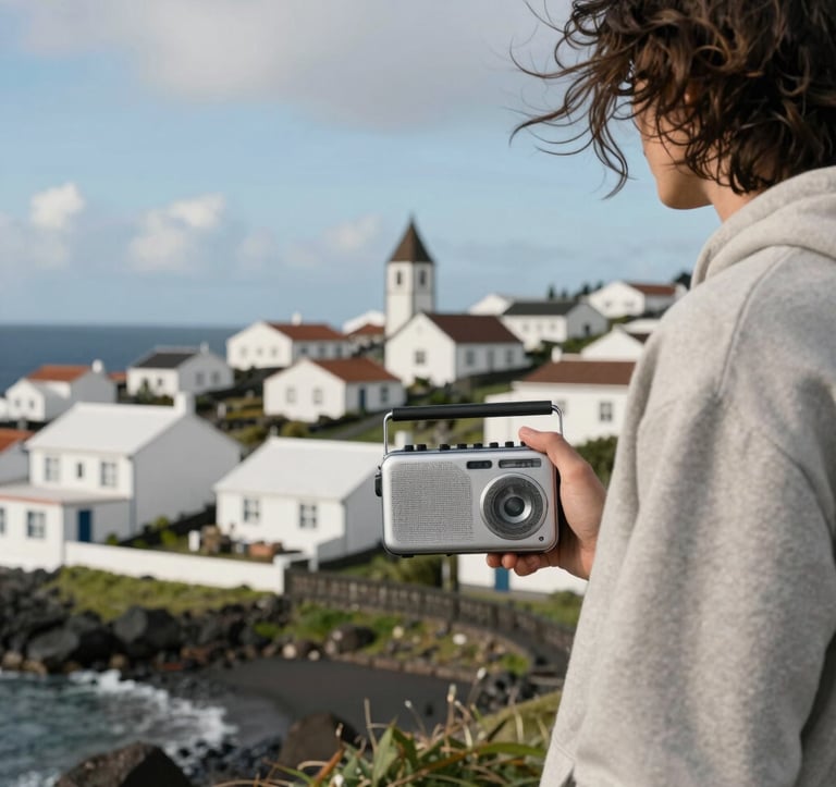 A lifestyle photograph of a person standing on a windy Atlantic coast, holding a stylish portable digital radio. The background shows the iconic white-washed houses of an island village in the Azores. European Atlantic / Insular setting. Soft daylight. Colors: sky blue, off-white, slate grey.