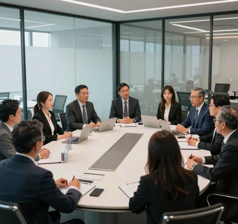 A wide shot of a group of corporate professionals in a sleek, glass-walled meeting room in North America. They are engaged in a collaborative learning session, reflecting a premium and motivational atmosphere.