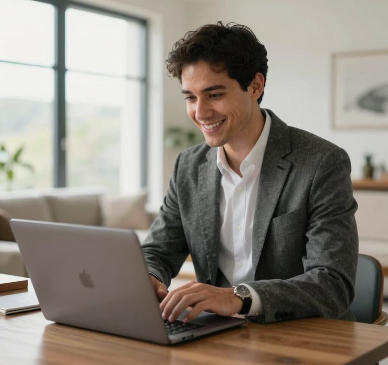 A professional-looking person in business casual attire smiling while looking at a laptop in a bright, modern living space with large windows and clean decor. Sophisticated, warm, and professional vibe in a US setting.