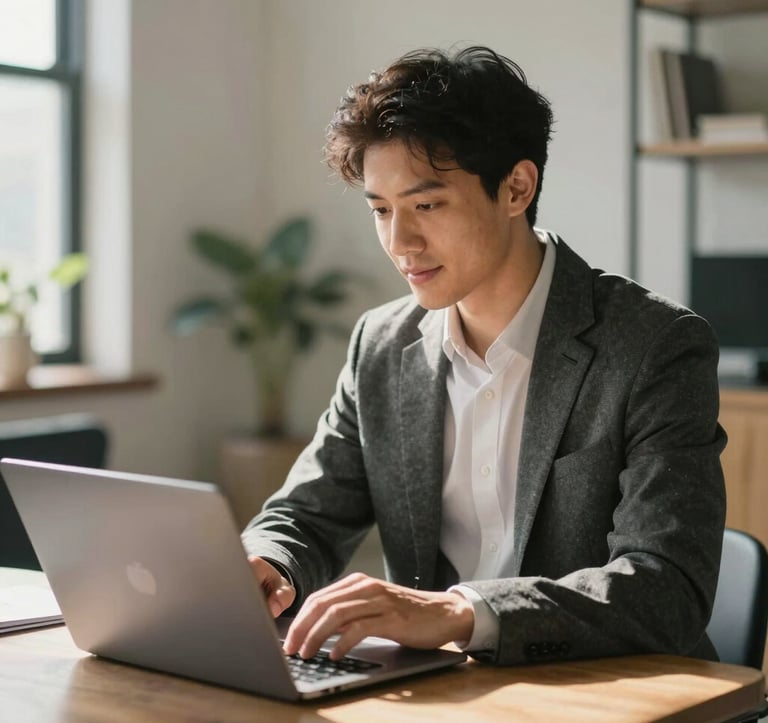 Professional medium shot of an adult student in business-casual attire, sitting in a sunlit modern apartment in the US, focusing on a laptop screen with a warm, engaged expression.