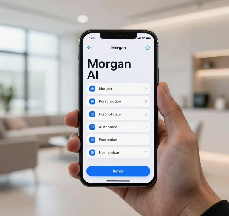 A high-end smartphone display showing the Morgan AI app interface with clean typography and corporate blue accents. The phone is held by a professional person in a brightly lit, modern North American interior.