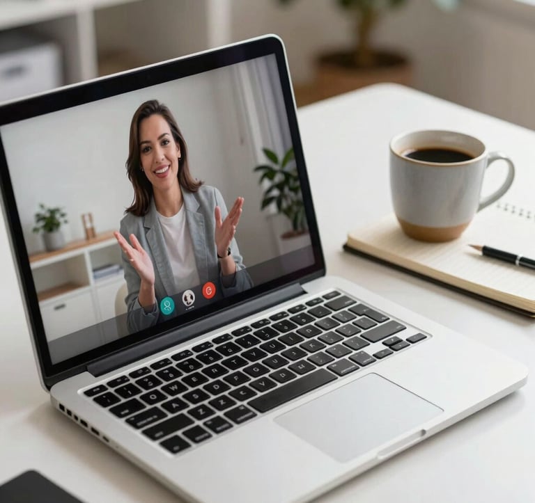Close-up of a high-end laptop on a clean white desk. On the screen, a blurred video call with a friendly, professional instructor in a bright room is visible. A ceramic cup of coffee and a notebook sit nearby in a modern US home office.
