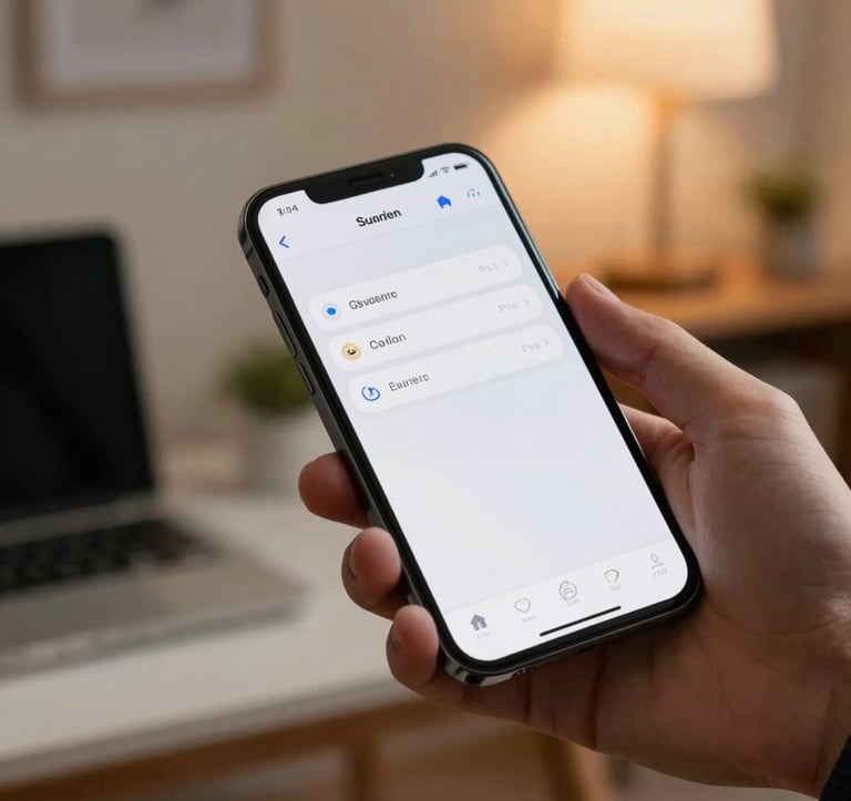 Detail shot of a professional hand holding a modern smartphone displaying a clean app interface. In the background, a blurred, elegant home office setting in the US with warm, motivating evening light.
