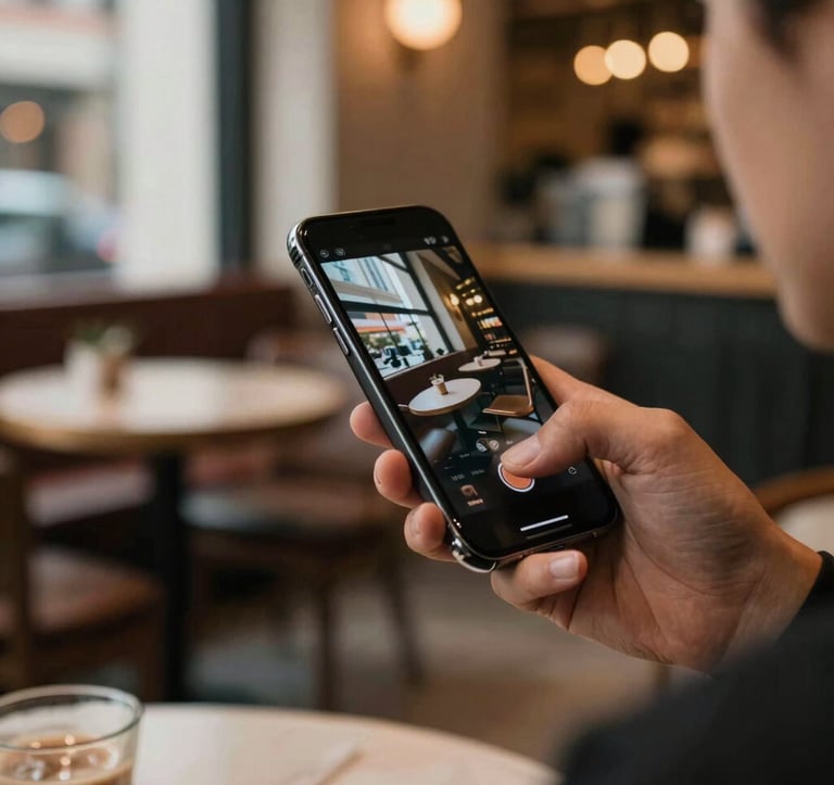 A side view of a person in a sophisticated urban cafe in North America / US, using a sleek smartphone with high focus on the screen. The lighting is warm and natural, reflecting a modern and premium lifestyle.
