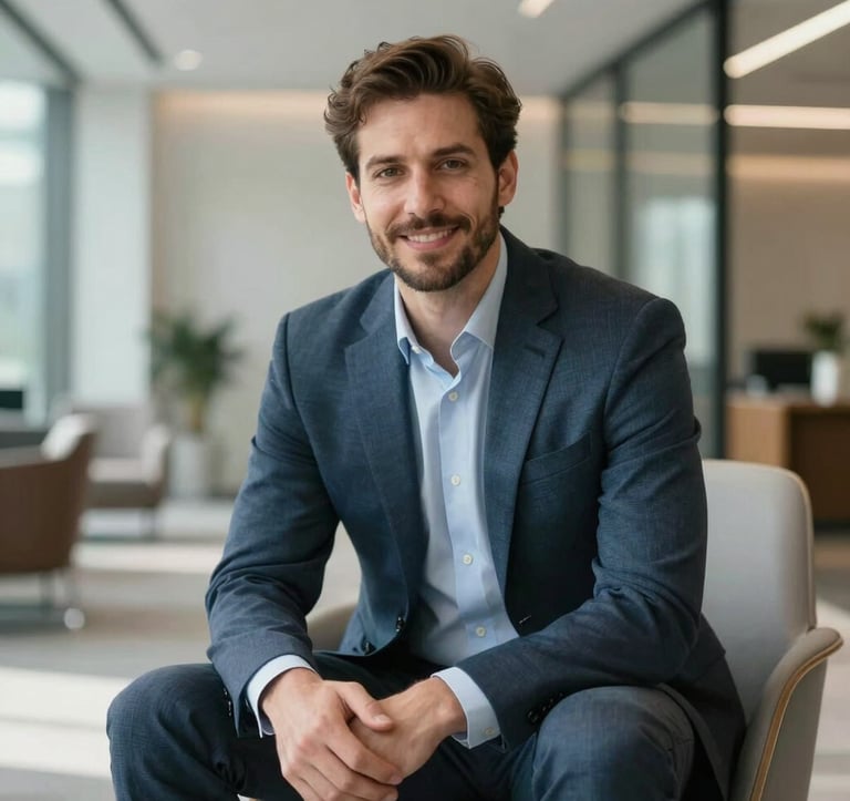 A business professional dressed in smart-casual attire sitting in a bright, modern corporate environment in North America / US. They are looking directly at the camera with a confident, satisfied expression, surrounded by premium architecture.
