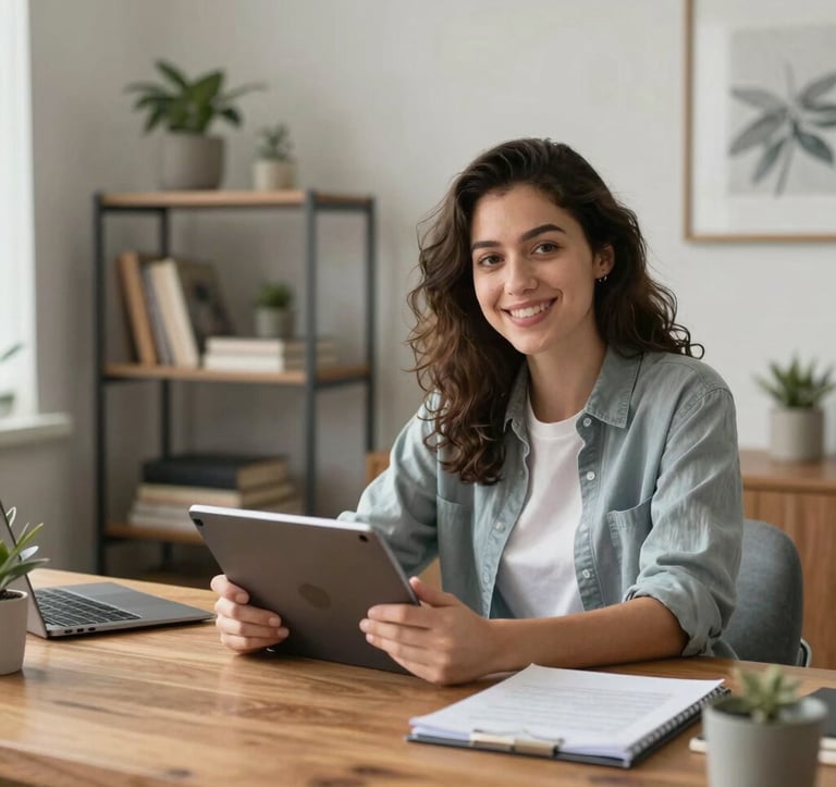 An elegant home office setting in North America / US, featuring a wooden desk and modern decor. A professional student is seen smiling at the camera, holding a tablet, radiating confidence and success in their learning journey.