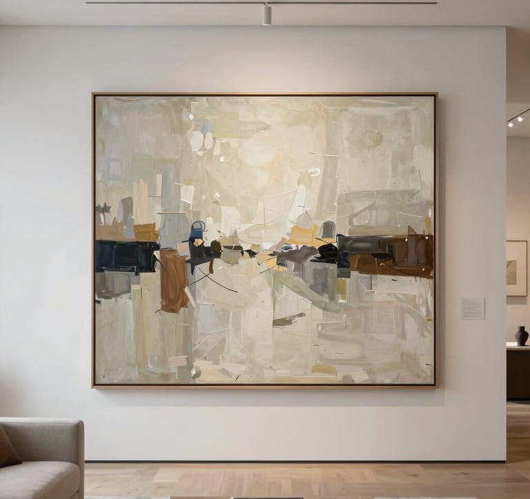 An elegant, minimalist North American interior with museum-style lighting. A large abstract realism painting by Dena Harris hangs prominently in a curated living space featuring soft white and muted earth tones.