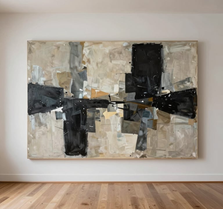 A large-scale abstract painting featuring bold charcoal shapes and subtle muted earth tone washes, hanging in a bright, airy North American / US loft with wide-plank floors.