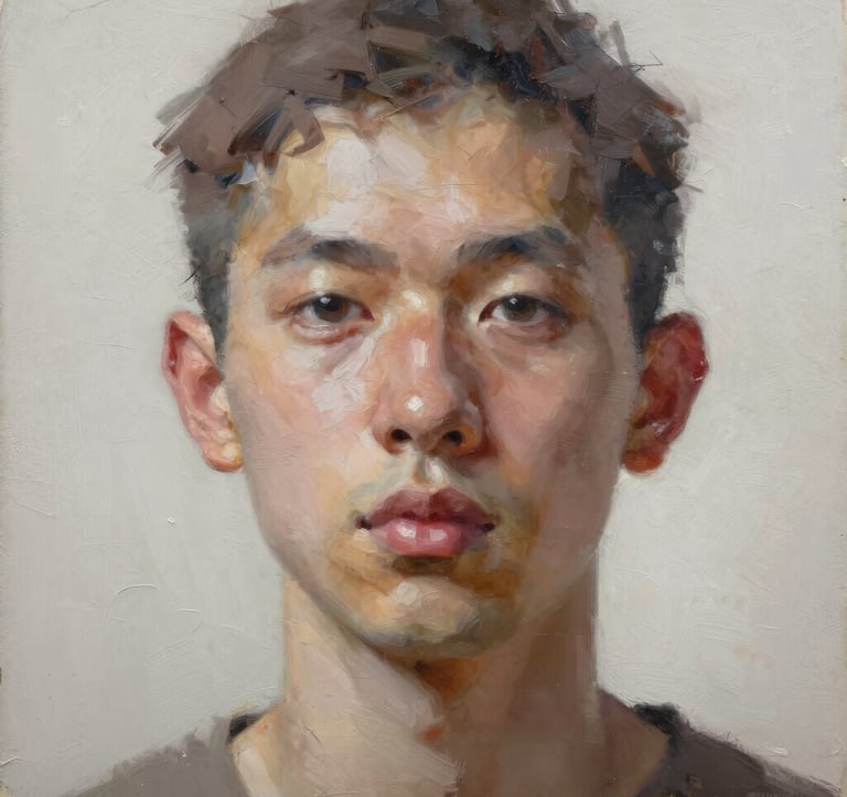 A close-up studio shot of a contemporary portrait painting, highlighting refined brushwork and textures in a palette of taupe and soft white, North American / US fine art aesthetic.