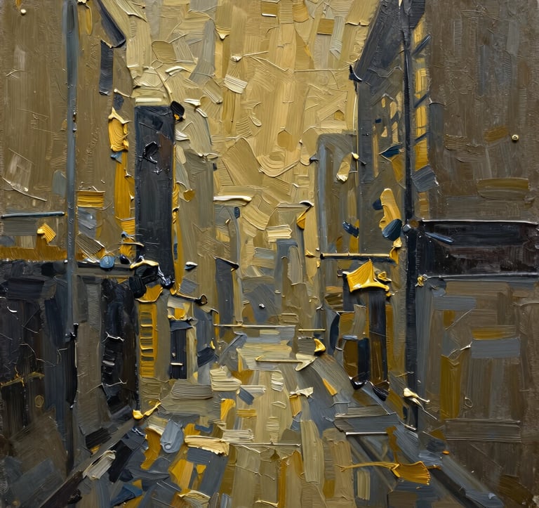High-resolution macro detail of an abstract realism oil painting. The composition shows thick impasto textures in muted gold and deep charcoal, reflecting urban textures and architectural lines.