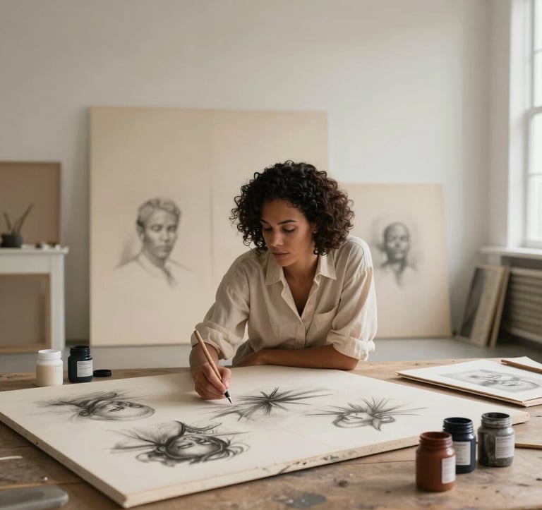 An elegant studio scene in a North American / US loft, featuring Dena Harris working on a large canvas, surrounded by charcoal sketches and jars of muted paint, warm ivory lighting, minimalist atmosphere.