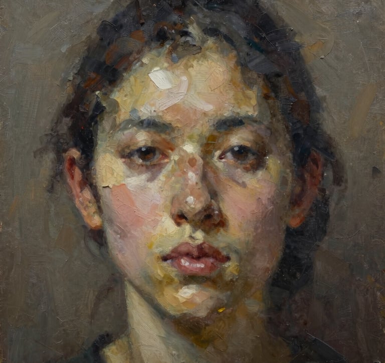 A high-detail close-up of an abstract portrait in oil, showing masterful brushwork and layered textures of muted earth tones and charcoal, reflecting a museum-quality aesthetic, North American / US.