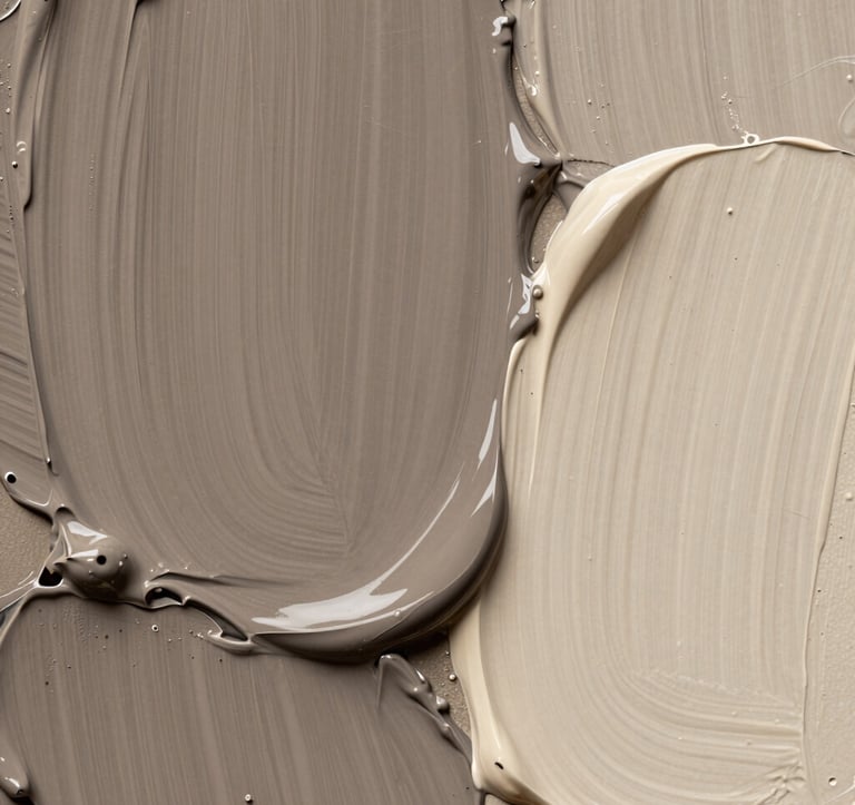 Macro photography of wet oil paint textures on a canvas, showing palette knife strokes in shades of taupe, charcoal, and warm ivory, elegant and editorial style.