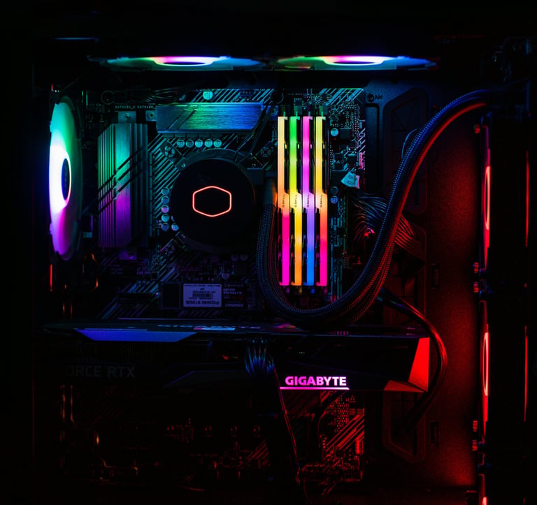 inside a computer with bright neon colours