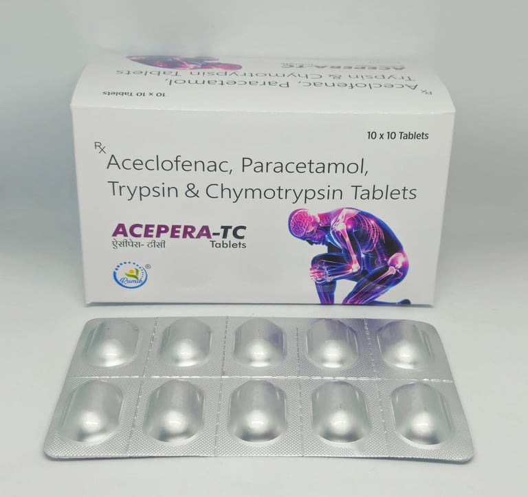 Aceclofenac 100mg + Chymotrypsin-Trypsin 50000au + Paracetamol 325mg Tablet