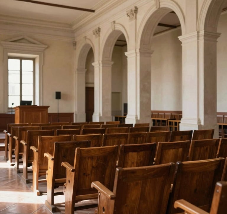 A medium shot of a refined lecture hall inside a historic Italian villa. Rows of warm brown wooden chairs face a podium. The atmosphere is academic and timeless, with soft morning light filtering through high arches.