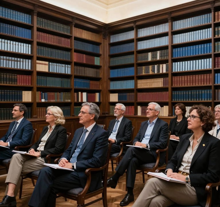 A group of adults in a refined, high-ceilinged library room with dark wood bookshelves and silver mist blue accents, listening to a lecture in a sophisticated Southern European setting.