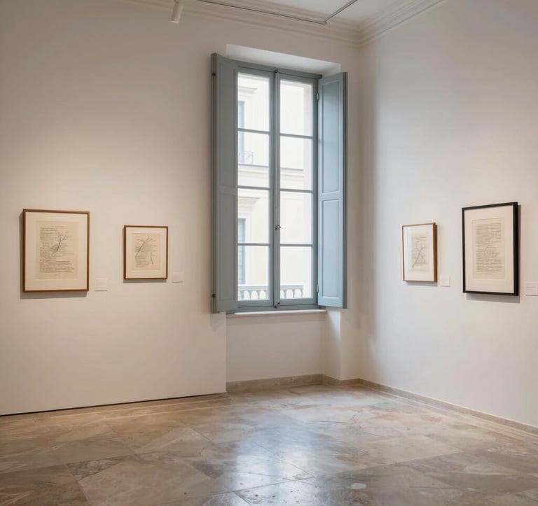 An interior shot of a sophisticated gallery space. Off-white walls are adorned with framed literary sketches. A tall window with light blue-grey shutters allows natural light to highlight the polished stone floor. Southern European / Italian style.