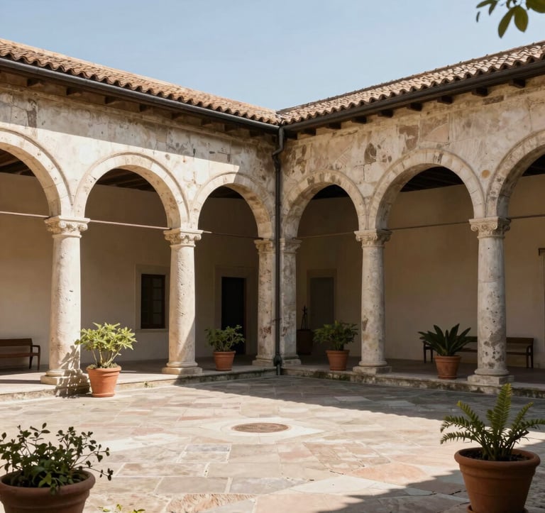 A sun-drenched courtyard of a traditional Italian palazzo with weathered stone arches, terracotta pots, and a serene, scholarly atmosphere, captured in natural daylight.