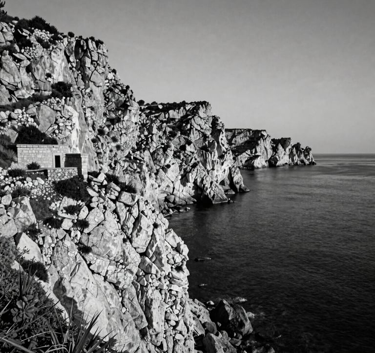 A high-contrast black and white photograph of a rugged Sicilian coastal landscape in Southern Europe, featuring dramatic cliffs and a small stone structure, capturing the somber and realistic mood of Verga's literary descriptions.