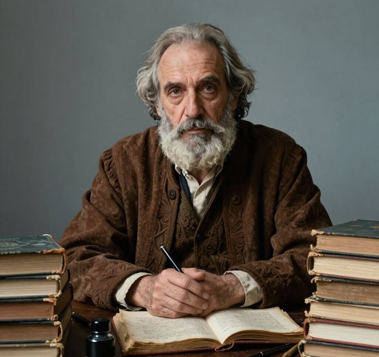 A portrait of a scholar in a classic Southern European study, surrounded by stacks of old manuscripts and ink pens. The style is that of fine art photography with high contrast, using warm brown and misty blue tones to create a timeless mood.