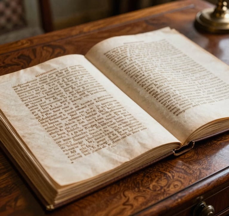 Close-up photography of aged 19th-century Italian manuscripts spread across a warm brown mahogany desk. A single light source creates soft shadows. The setting is a quiet, scholarly room in a Southern European estate.