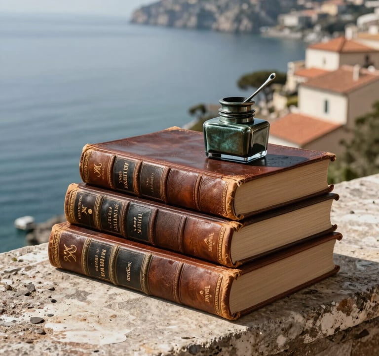 Still life photography of a stack of vintage leather-bound books and a bronze inkwell on a rustic stone ledge. The background shows a blurred view of a sunny Italian coastline with light blue-grey water and terracotta roofs.