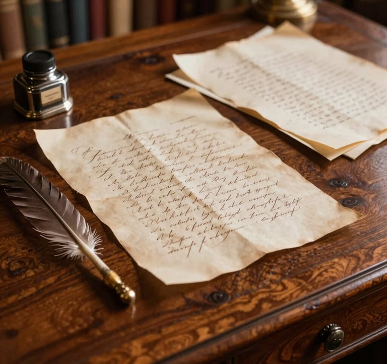 A detailed close-up shot of a vintage mahogany desk in a historic Italian study. On the desk lies an antique quill, a silver inkwell, and several sheets of yellowed parchment with elegant cursive handwriting, lit by warm, focused library light.