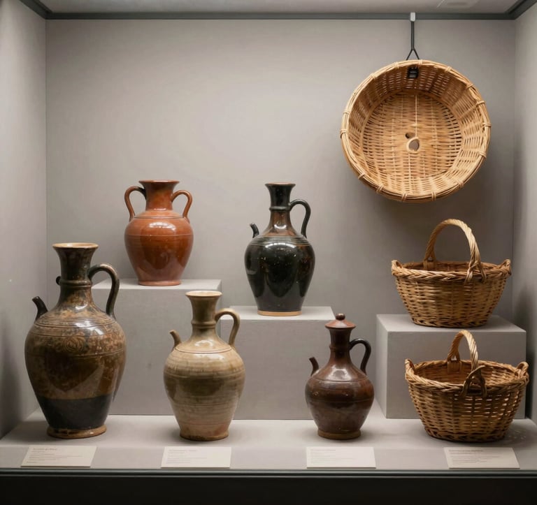 A professional museum display of 19th-century daily objects from a Southern European village, including handcrafted ceramic oil jars and traditional woven baskets, arranged artistically under soft museum lighting against a light grey wall.