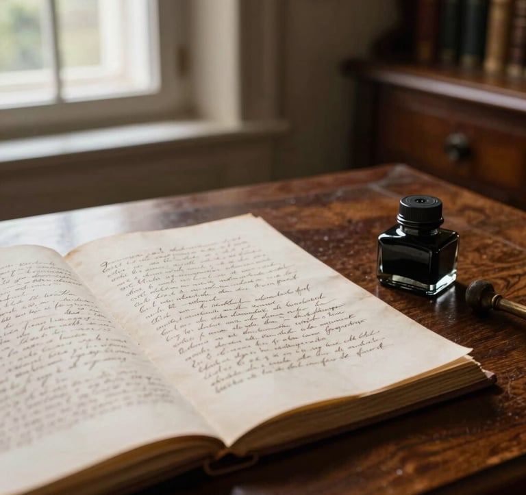 Close-up photography of a vintage handwritten manuscript and an antique inkwell on a dark walnut desk inside a historic Italian study, illuminated by soft window light.