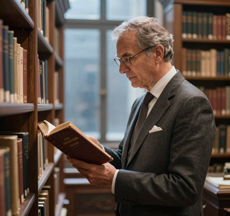 A refined photograph of a distinguished museum curator in a tailored suit, examining a first edition leather-bound book within a sunlit Southern European library. The setting is filled with antique wooden bookshelves and soft misty blue lighting.