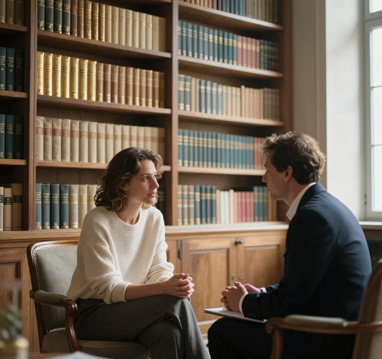 A serene, sun-drenched private library in an 18th-century Italian palazzo. In the foreground, a European / International High-Net-Worth individual is engaged in a quiet conversation with a professional tutor. Soft afternoon light, champagne gold accents on book bindings, minimalist composition, quiet luxury mood.