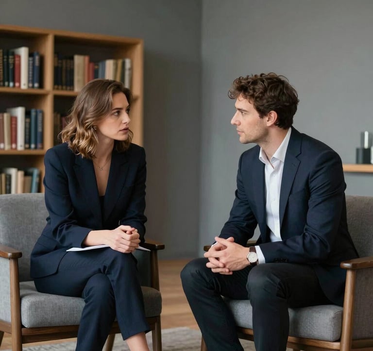 A private, candid shot of two people in a deep navy and slate grey library, engaged in a cultural coaching session. Sophisticated attire, minimalist decor, and warm ambient lighting. European / International High-Net-Worth atmosphere.