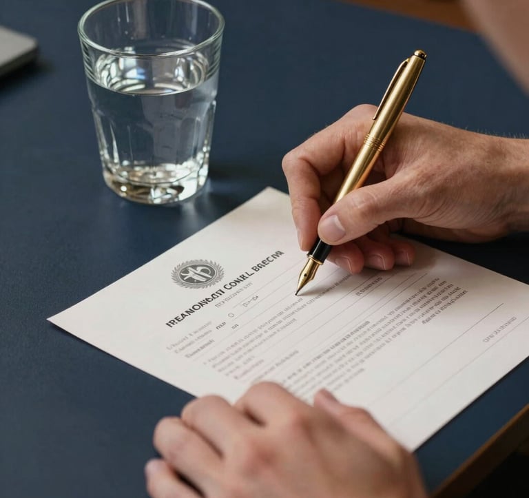 A close-up of professional hands signing premium bond paper on a dark navy desk. A gold fountain pen and a crystal glass of water sit nearby. The lighting is focused and authoritative. European / International High-Net-Worth professional environment.