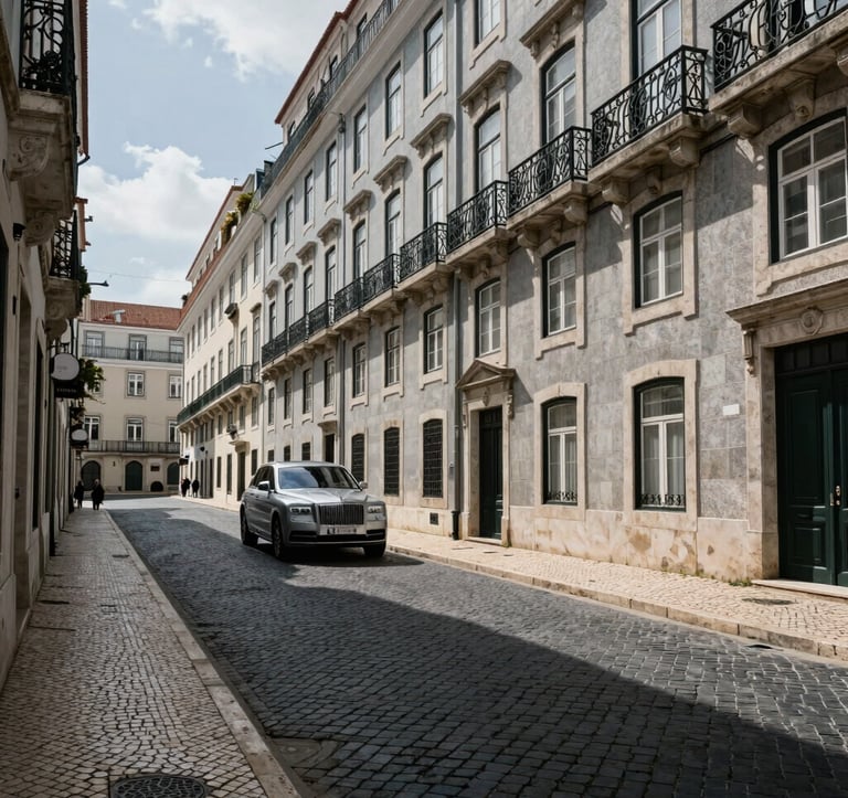 Wide-angle architectural shot of a cobblestone street in a prestigious Lisbon neighborhood. Elegant stone facades with iron balconies, a silver luxury vehicle parked discreetly. Natural daylight, deep navy shadows, slate grey textures, high-end European / International High-Net-Worth setting.