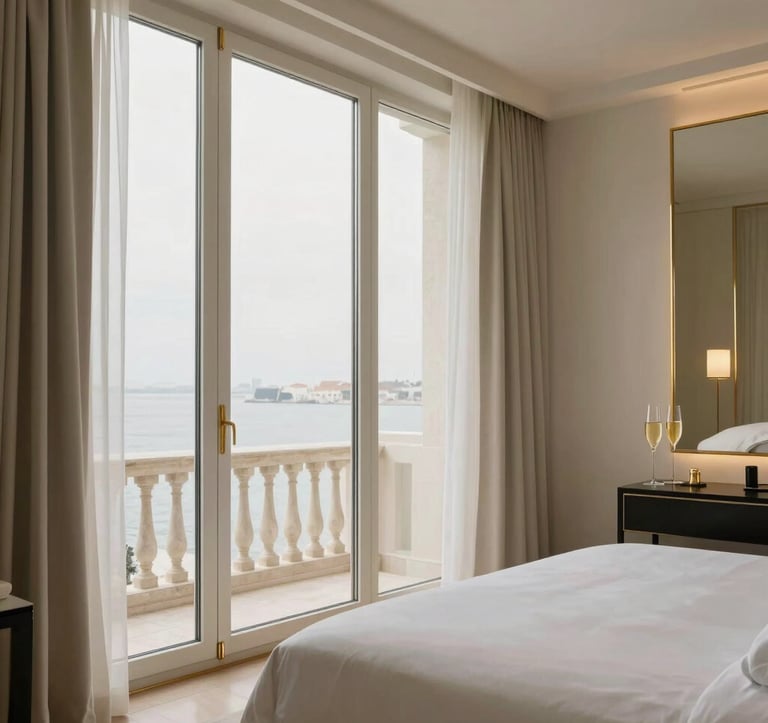 Interior of a five-star luxury hotel suite in Lisbon, featuring floor-to-ceiling windows, champagne gold accents, and minimalist design. The lighting is soft and natural, emphasizing a sense of calm and effortless comfort for European / International High-Net-Worth clients.
